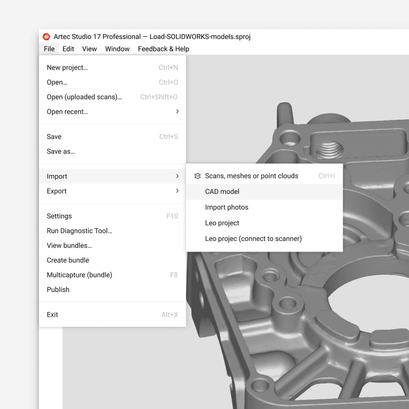 Load SOLIDWORKS models in Artec Studio for direct comparison with your mesh